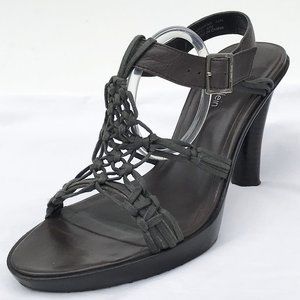 CALVIN KLEIN Brown Crochet Leather Wood Heels Sz10